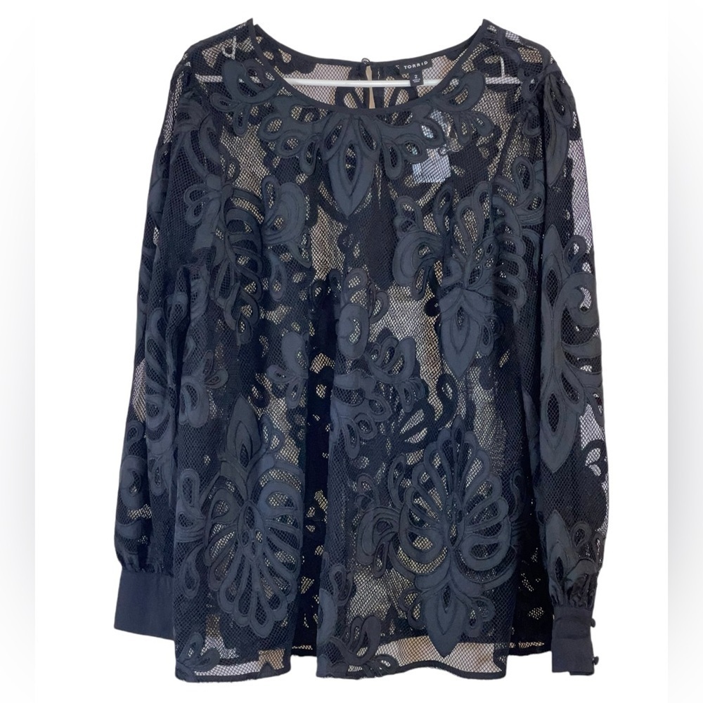 NWT-Torrid Mesh with embroidery long sleeve blouse. Size 2X Deep black color - Picture 2 of 10